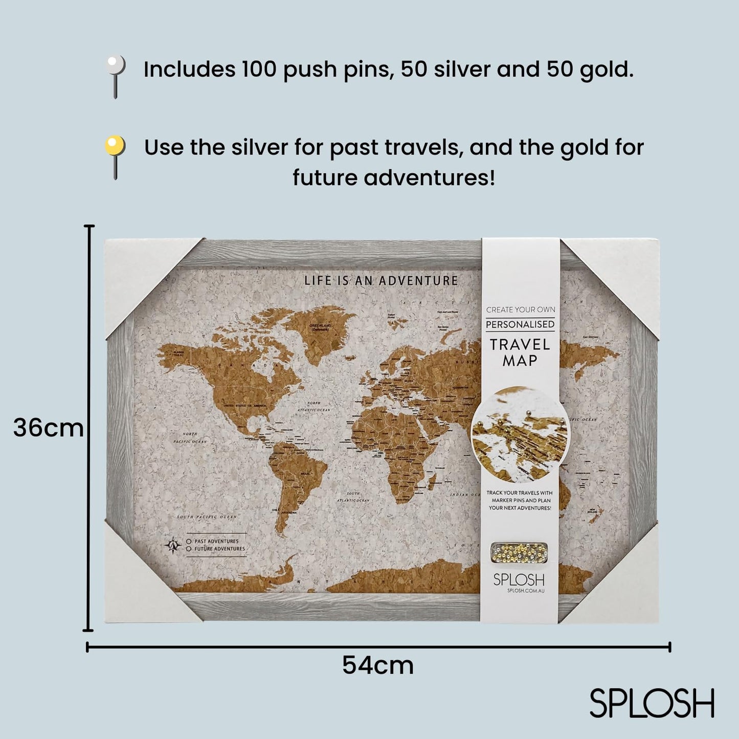 Splosh Framed Travel Map - Grey Small Wooden Pin Board with 100 Pins. Travel Map Cork Board. Wooden World Map, Corkboard Map Travel Gift. Mark your fast & future adventures!
