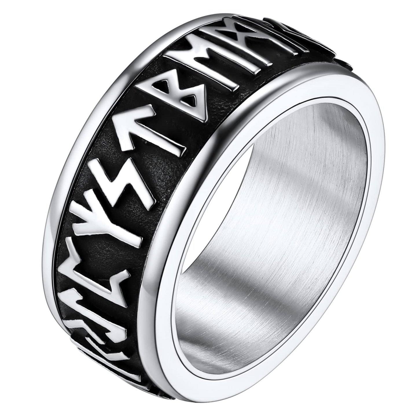 FaithHeart Viking Rings Men Stainless Steel Fidget Ring Spinning Jewellery Norse Runes Band Cool Boys Ring Size O