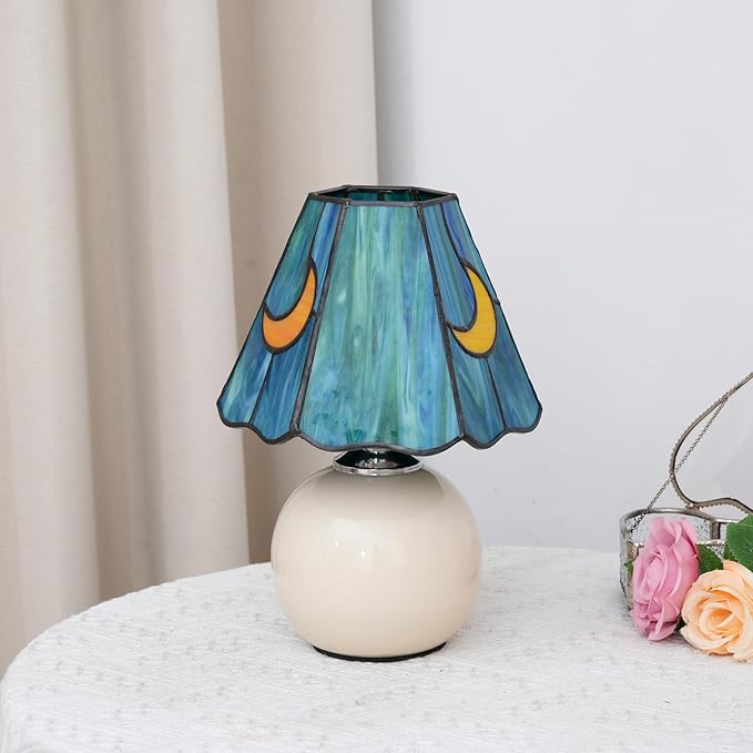 Mushroom Tiffany Lamp Stained Glass Moon Lamp Small Bedside Table Lamps for Bedroom Dorm Living Kitchen, Home Birthday Christmas Thanksgiving Day Gift (Sea Blue)