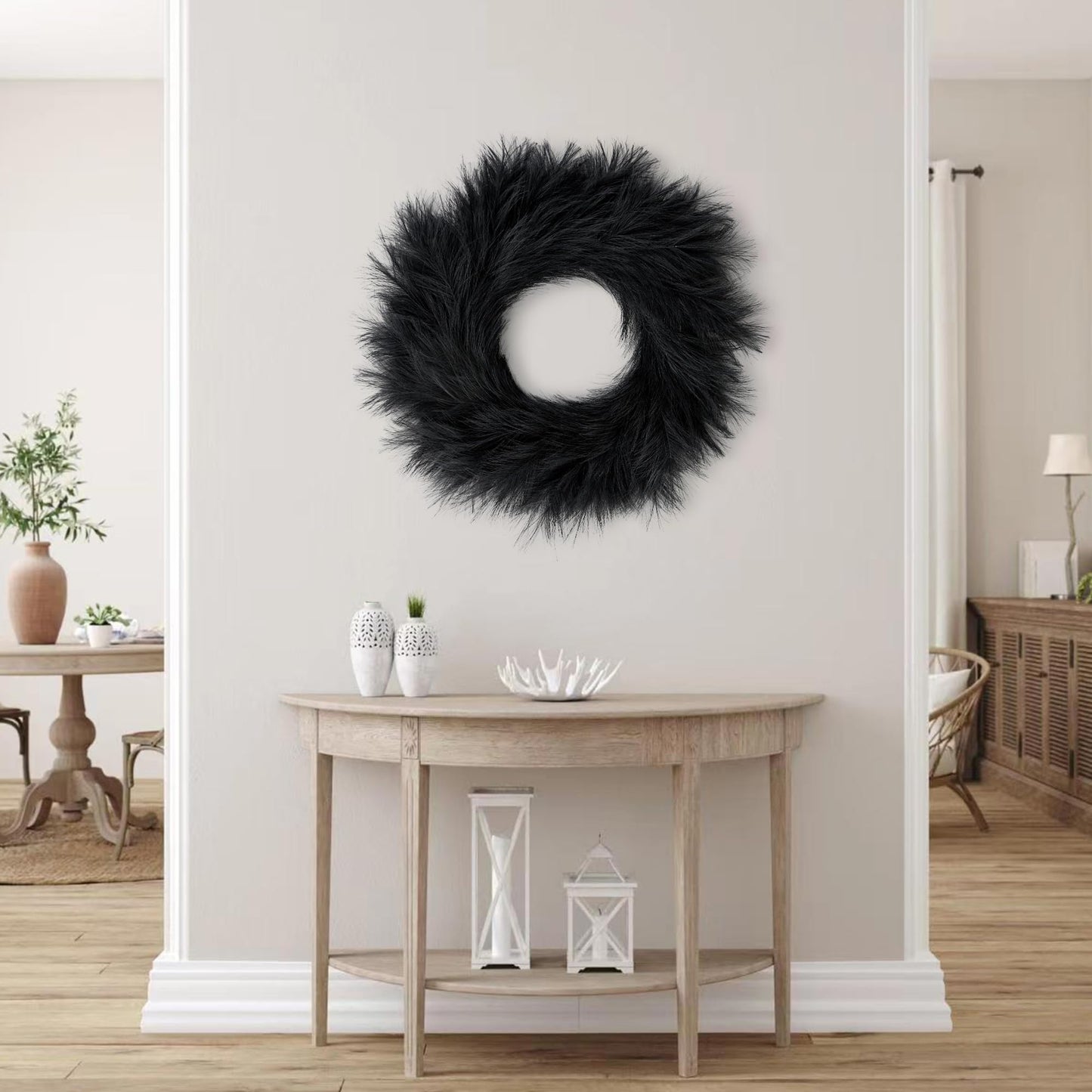 Sggvecsy Pampas Grass Wreath 26’’ Faux Pampas Wreath for All Seasons Artificial Pampas Wreath Christmas Decor Boho Wall Decor for Front Door Farmhouse Halloween Autumn Wreath Decoration (Black)