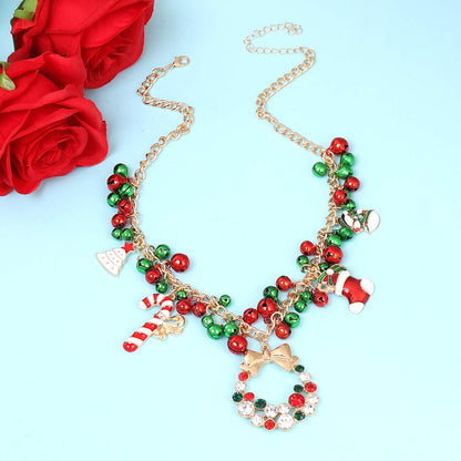 NLCAC Christmas Jingle Bell Necklace Women Statement Chunky Crystal Teardrop Pendant Necklace Xmas Gift Jewelry (Gold)