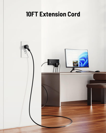 Surge Protector Power Strip 4800J, LeZone 10Ft Long Extension Cord Flat Plug, 12 Outlets 2 USB C 2 USB Ports, Wall Mountable, 20W Desk Charging Station, Black