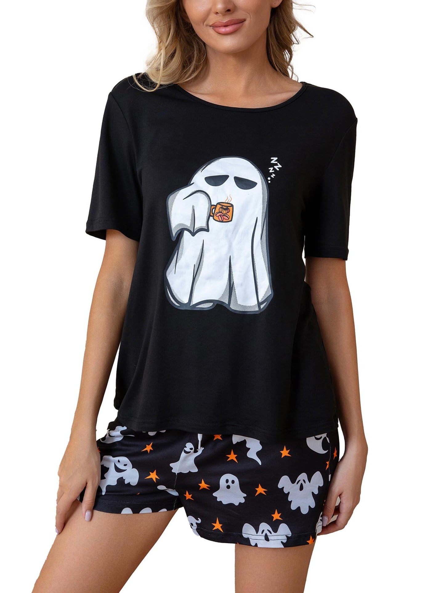 Leevuyu Halloween Ghost Face Pajamas Adult Women Short Set Scream Pjs Halloween Pajama Set Black M