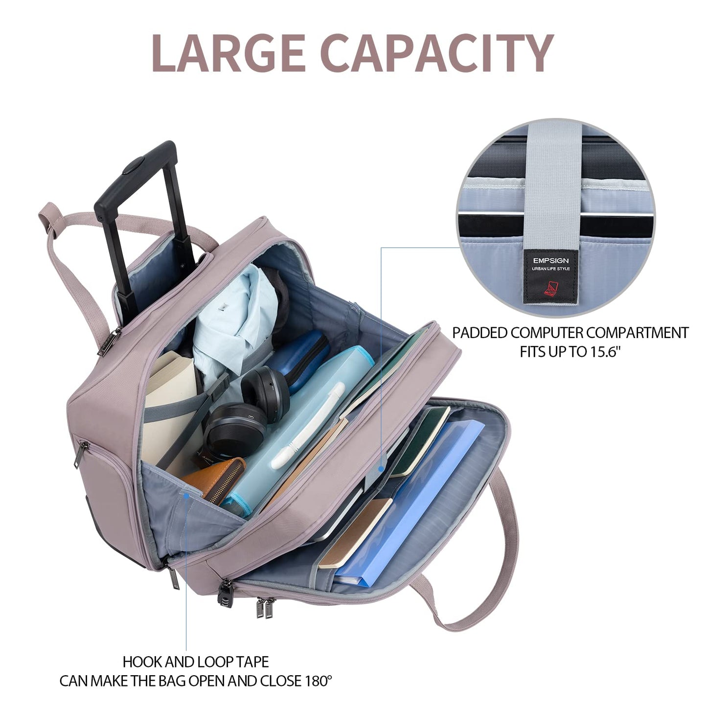 EMPSIGN Rolling Laptop Bag for Women - Wheeled Briefcase Fits Up to 15.6 Inch Laptop, Water-Repellent Overnight Computer Bag with RFID Pockets, Dusty Pink