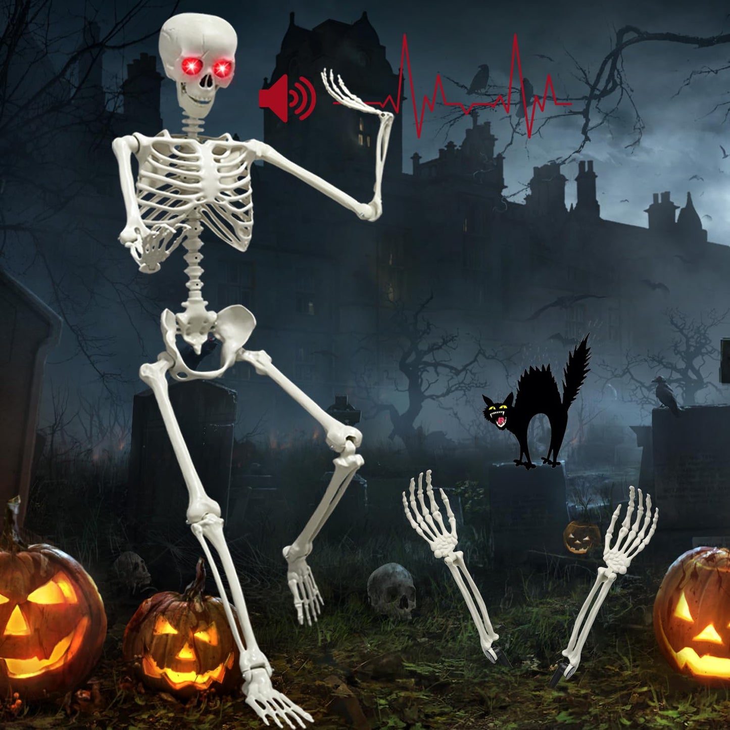 WODMAZ 5.4Ft Halloween Skeleton, Full Size Posable Skeleton with Glowing Eyes Creepy Sound, Full Body Life Size Skeleton and 2 Arm Stakes for Halloween Indoor Outdoor Haunted House Decorations