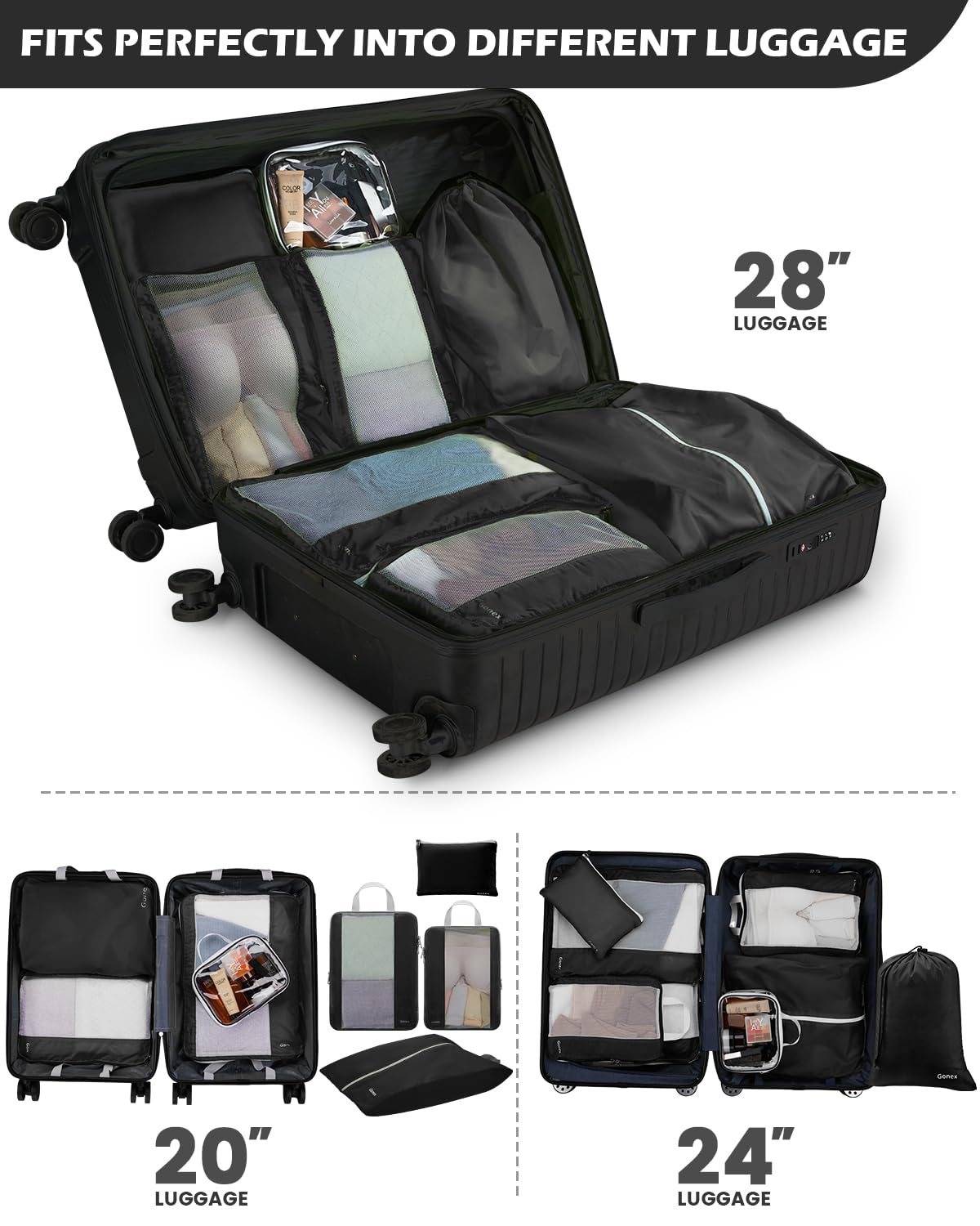 Gonex Expandable Mesh Packing Cubes - 8 Set Compression Organizer for Travel Essentials with Toiletry, Laundry, Shoe & Cable Bags - Black