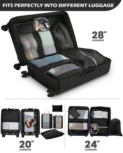 Gonex Expandable Mesh Packing Cubes - 8 Set Compression Organizer for Travel Essentials with Toiletry, Laundry, Shoe & Cable Bags - Black