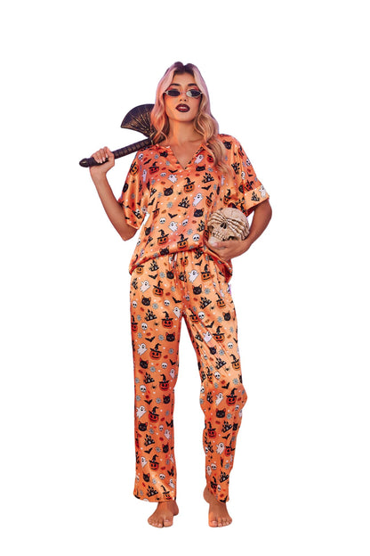 Ekouaer Satin Hallowen Pajama Set Womens Short Sleeve V Neck Shirt with Long Pant Soft Loungewear Pjs Set