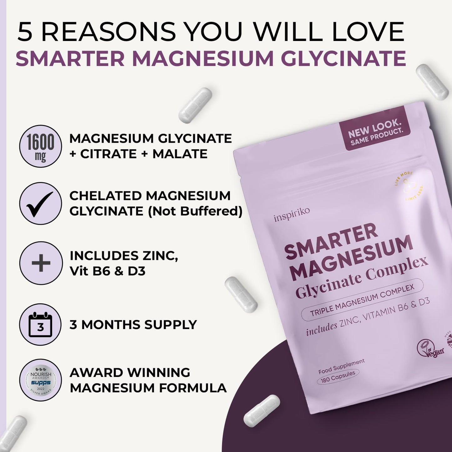 Inspiriko 6-in-1 Magnesium Supplements for Women (3 Month Supply) 1600mg Triple Magnesium Complex with Citrate, Malate & Glycinate, Zinc, B6 & D3 - for Sleep, Energy & Hormonal Balance, 180 Capsules