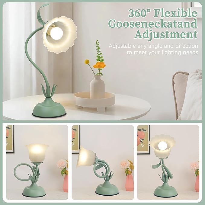 Vintage Flower Table Lamp, 3 Color Temperature Flexible Gooseneck Cute Desk Lamp for Bedroom, Kawaii Nightstand Bedside Lamps for Living Room, Dorm, Office, Home Decor (Green)