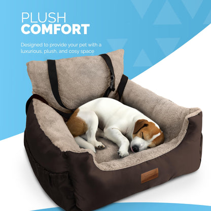Furdreams Dog Car Seat (Brown/Beige - 20kg), Plush & Cosy Pet Car Booster Seat for Small Dogs & Cats with Storage Pocket, Car Dog Bed with Safety Leash, Waterproof Liner & Non-Slip Base,Dog Travel Bed