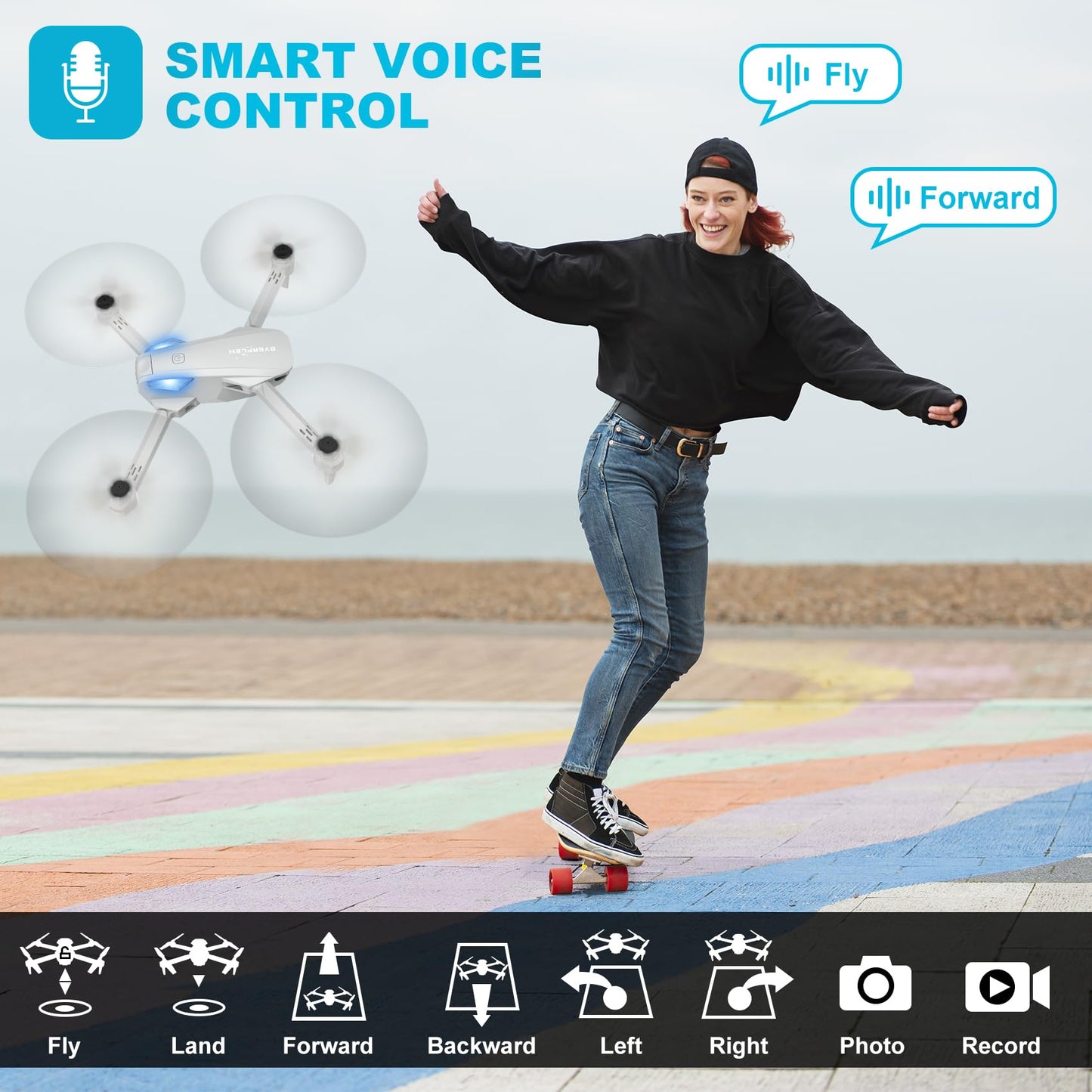 Drone with 1080P Camera for Beginners and Adults, Foldable Remote Control Quadcopter with Voice Control, Gestures Selfie, Altitude Hold, One Key Start, 3D Flips, 2 Batteries, Not water-proof, Toy for Beginners