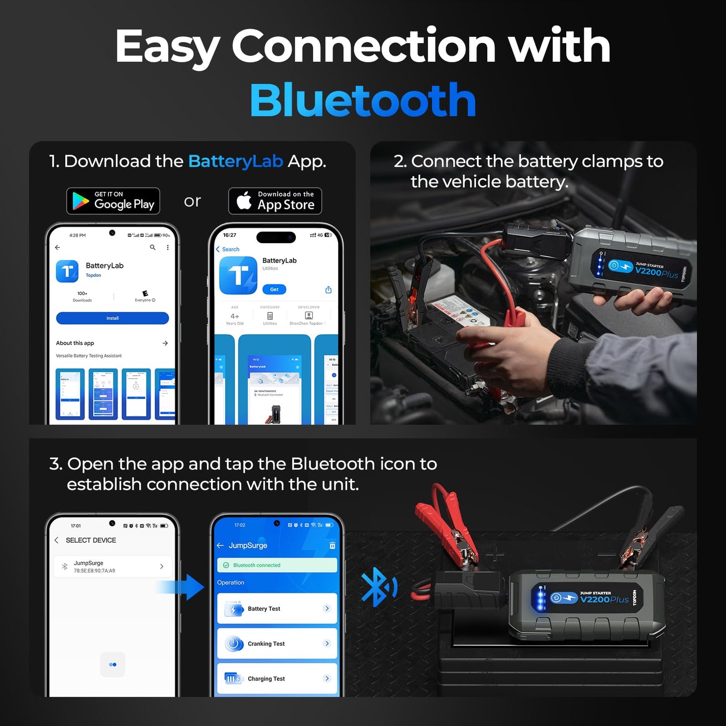Car Battery Jump Starter and Battery Tester TOPDON 2-in-1 2200A Peak Jump Starter for Up to 8L Gas/6L Diesel Engines 12V Portable Booster and Tester