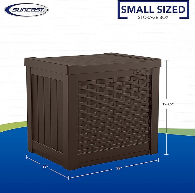 Suncast Small Outdoor Storage Box - 22 Gallon Java Resin Outdoor Deck Box, Flat-Lid Bench Seating, Patio Storage Bin Container for Organizing Toys, Tools, Cushions for Porch, Deck, Pool, & Garden