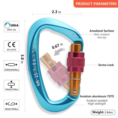CAMNAL Heavy Duty Carabiner UIAA Certified Locking Carabiner 25KN (About 5620 lbs) Screw Lock Carabiner D Shape Carabiner Clip for Rock Climbing, Mountaineer, Aerial Work