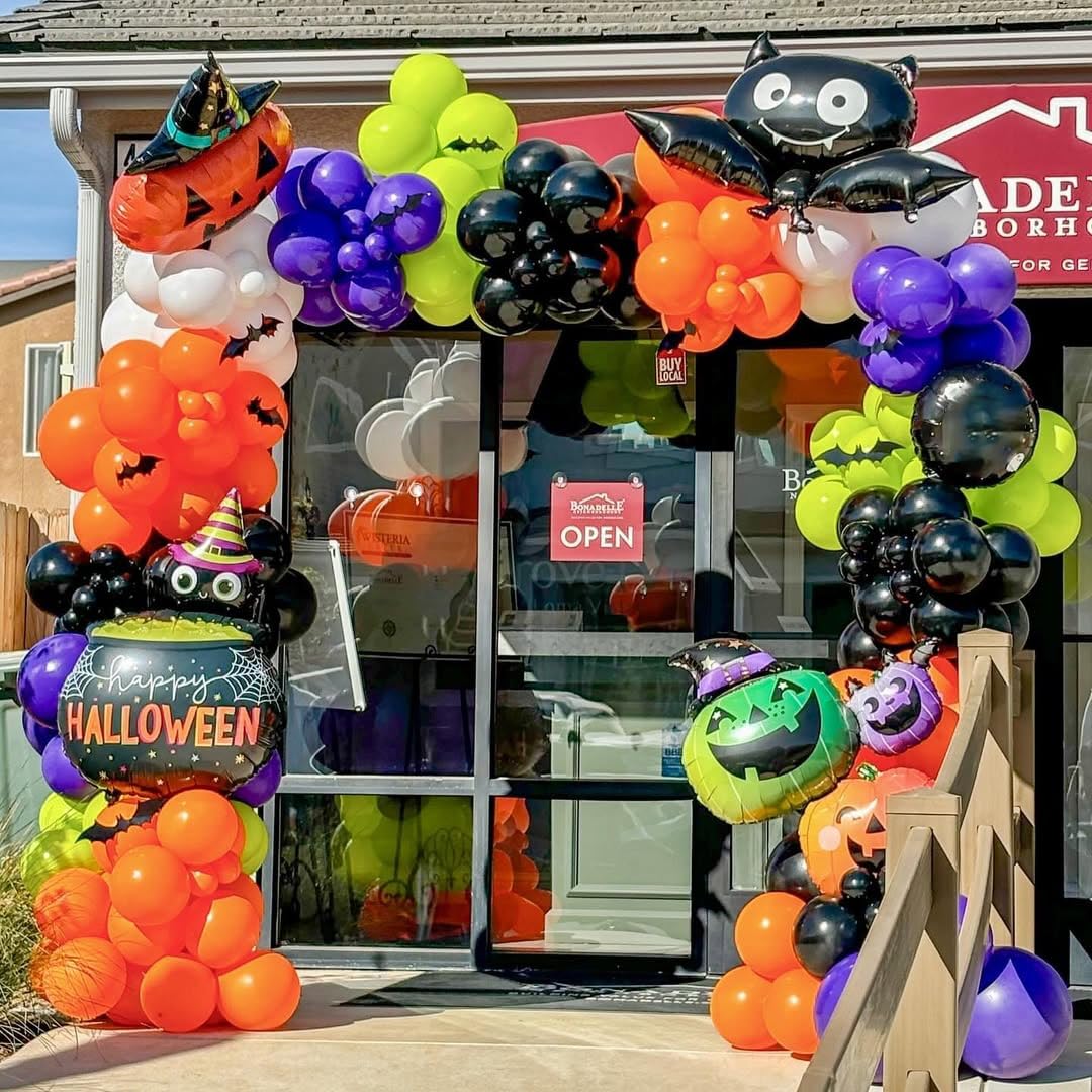 Lukiituke Halloween Balloon Garland Arch Kit, 134Pcs Black Orange Purple Lime Green Balloons, 4 Sizes Orange and Black Balloons for Halloween Theme Birthday Party Backdrops Decorations