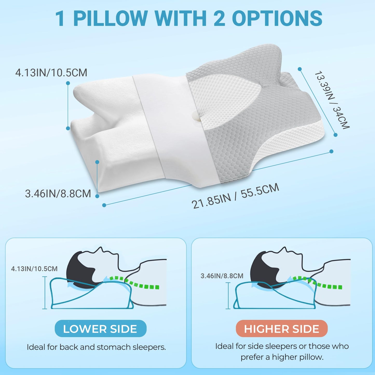 Elviros Cervical Memory Foam Pillow for Neck Pain Orthopedic Neck Pillow for Shoulder Pain Ergonomic Head Neck Support Pillow for Side/Back/Stomach Sleepers with Removable Cover (White-S)