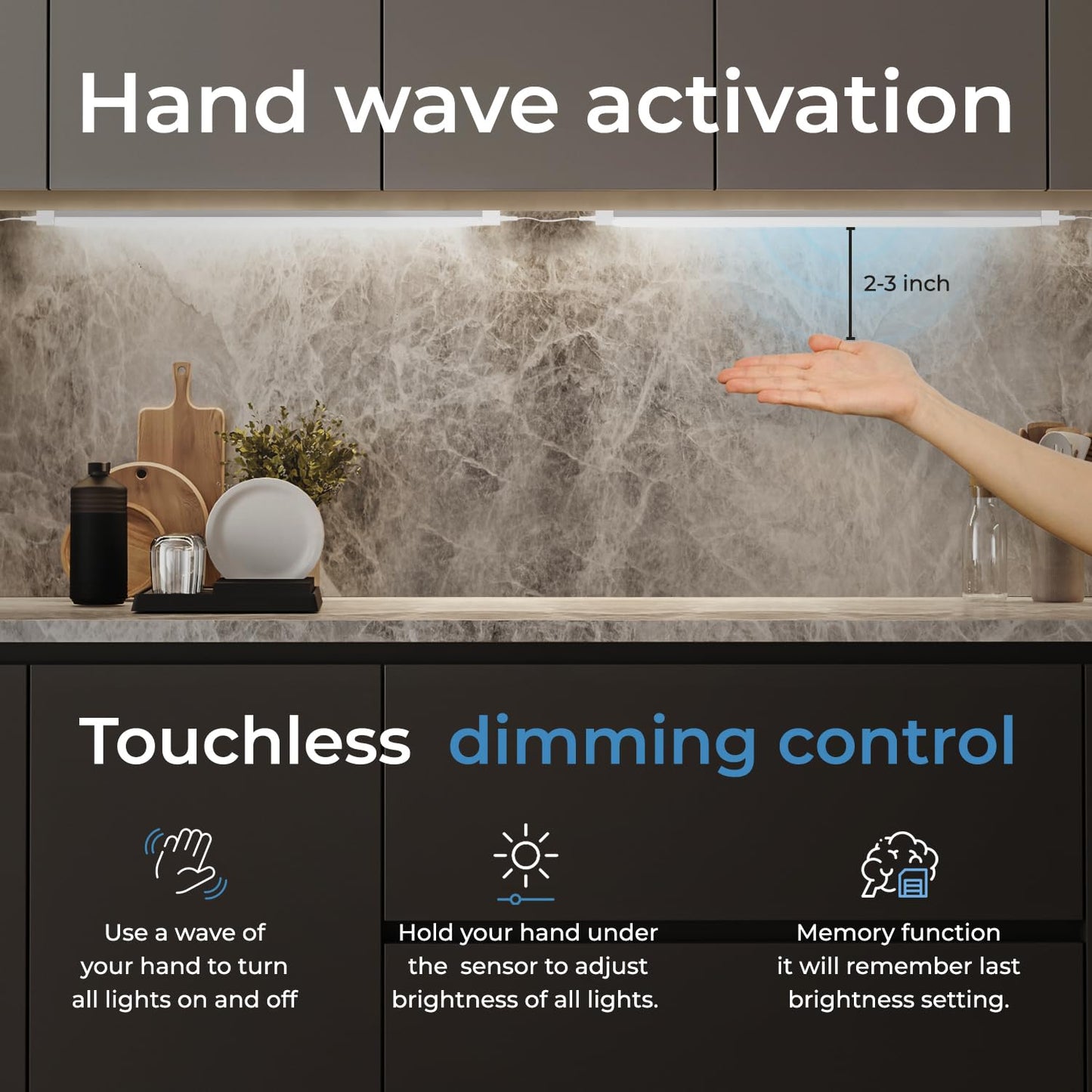 EShine Hand Wave Activated Under Cabinet LED Lighting Kit, Dimmable, 6-Pack 7 in - Touchless Dimming Control, White Under Counter Lights for Kitchen, Garage, Office, Desk - Warm White (3000K)