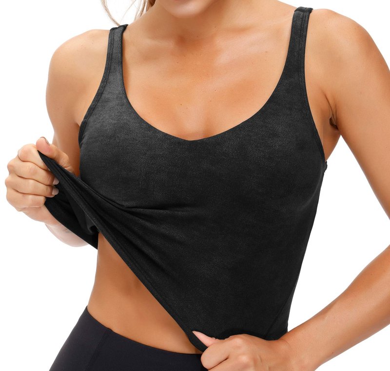 THE GYM PEOPLE Women’s Longline Sports Bra Wirefree Padded Medium Support Yoga Bras Gym Running Workout Tank Tops (Faux Leather Coated, Small)