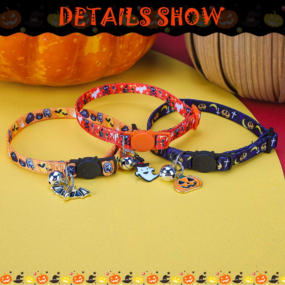EXPAWLORER Halloween Cat Collar Breakaway - 3 Pack Soft Adjustable Kitten Collars with Bells & Cute Festival Pendants, Holiday Pet Collars for Cats with Safety Buckle