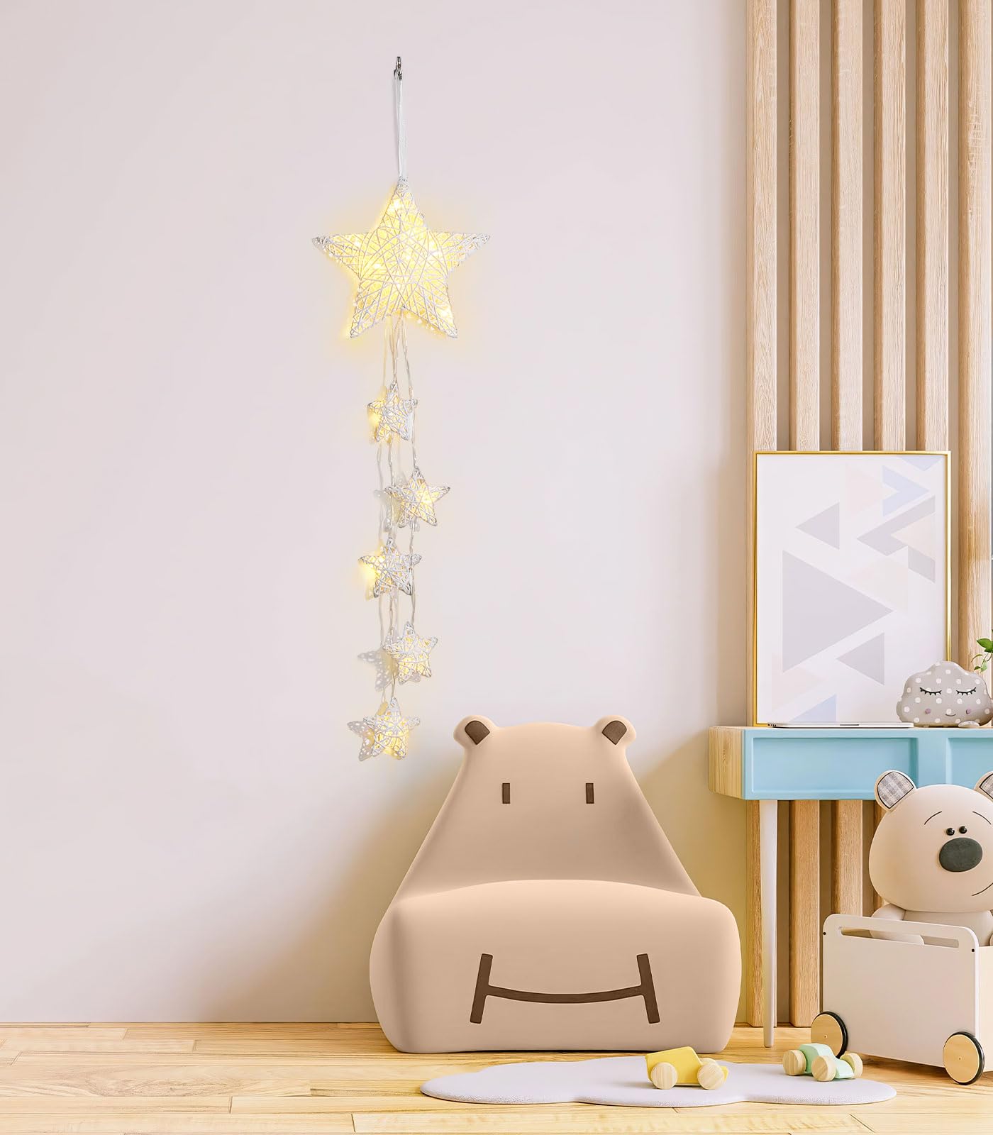 Lewondr Hanging Light, Rattan Star Shape Fairy Lights Indoor Decorative Lights Window Light Battery Operated Star Lights for Children's Room Bedroom Party Decoration with Timer Function, White