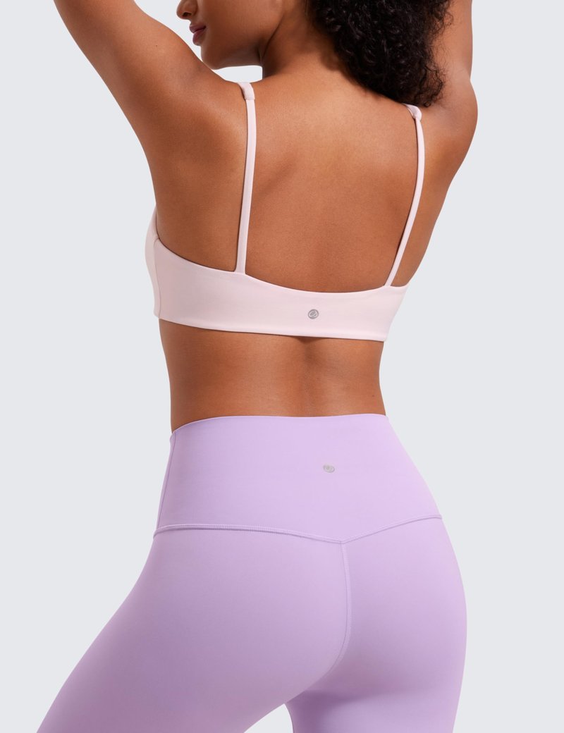 CRZ YOGA Butterluxe Square Neck Spaghetti Strap Sports Bras for Women - Low Coverage Yoga Wireless Padded Cami Crop Top Strawberry Pink Medium