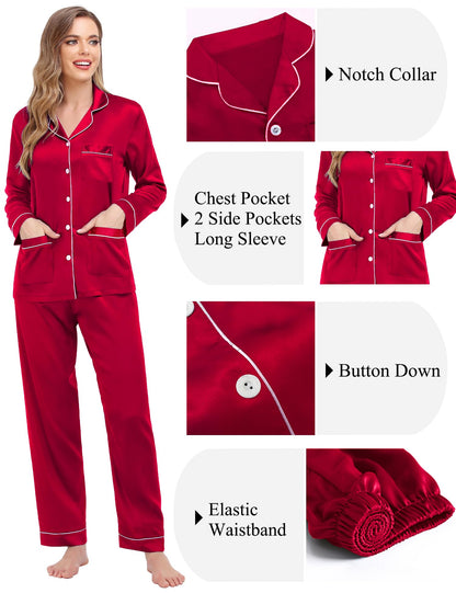 SWOMOG Couples Matching Pajamas Set Women & Men Satin Long Sleeve Sleepwear Soft Button Down Pj Set Silk Loungewear Women Reda Medium