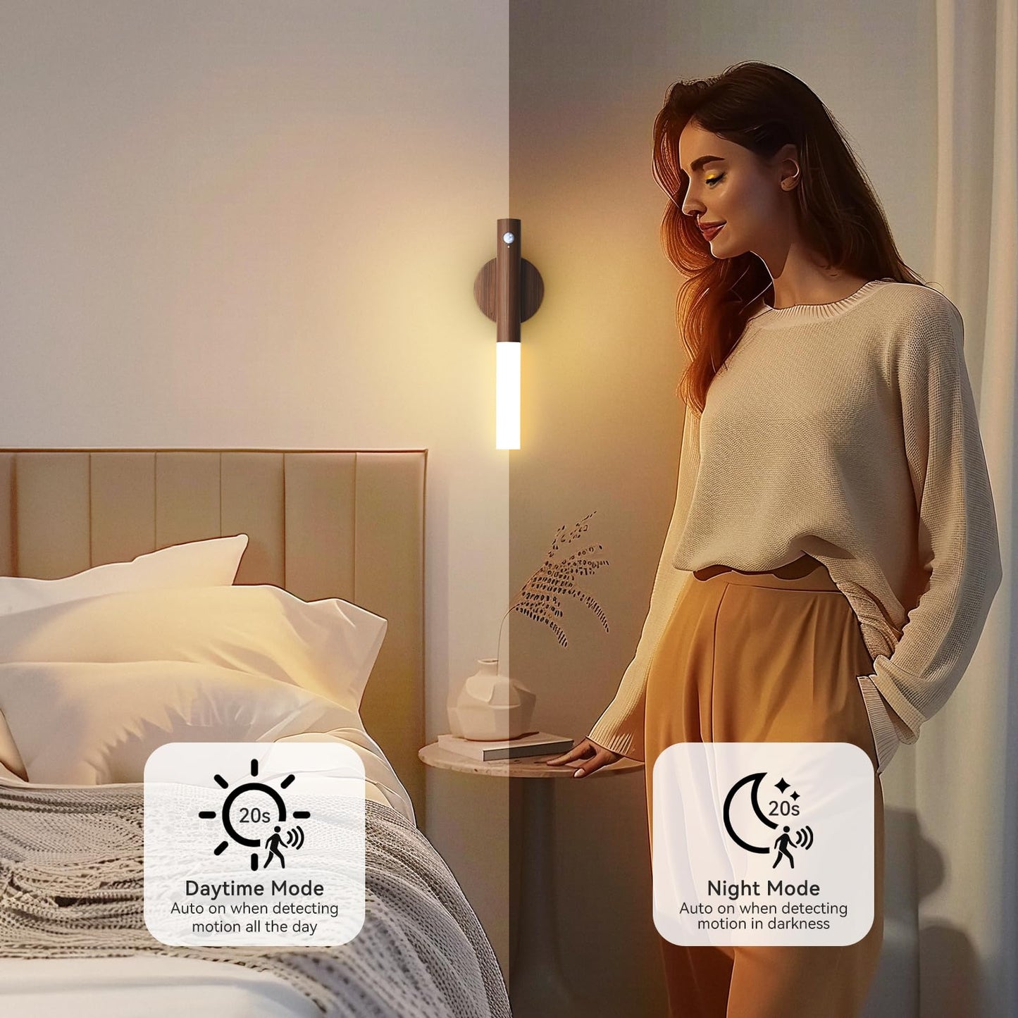 Battery-Operated Motion Sensor Night Lights: 2200mAh Rechargeable Wall Sconces Magnetic Wall Lights Wireless Stairway Lights Portable Hallway Light Wooden Wall Lighting for Bedroom Stair Picture