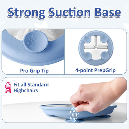 Bakpoco Stainless Steel Toddler Plate with Suction, 9” Divided Plates with Removable Silicone Sleeves for Kids, Non Toxic & BPA Free | Non Slip | Unbreakable Baby Snack Dishes Set of 2, Blue & Gray