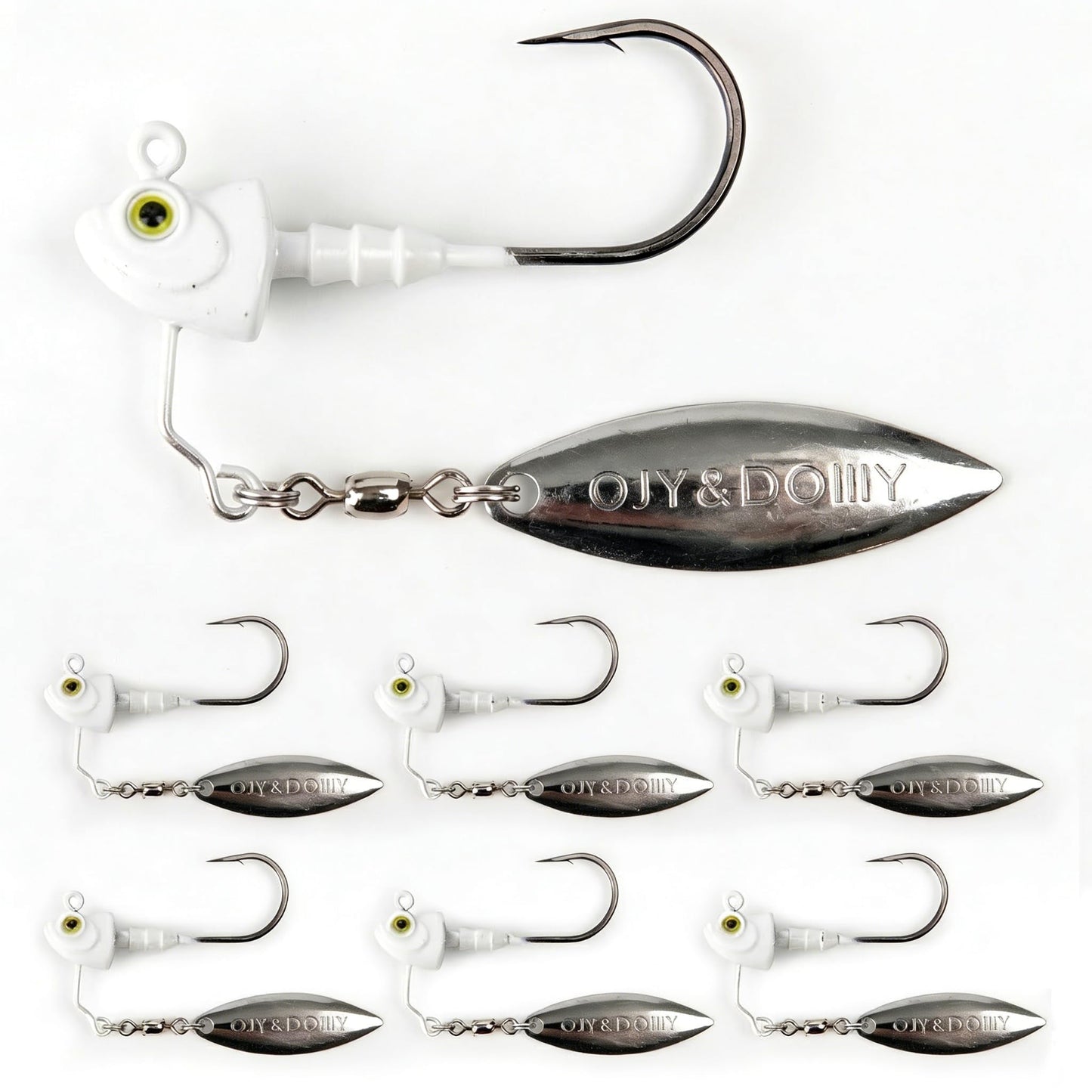 6-Pack Underspin Jig Heads with 100% Brass Blade (Never Rust) - 3/16oz, 1/4oz, 3/8oz, 1/2oz - Bass & Saltwater Fishing