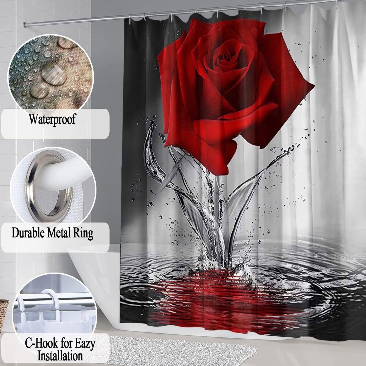 4Pcs Red Rose Shower Curtain Sets, Romantic Water Red Rose Bathroom Sets with Shower Curtain and Rugs Toilet Lid Cover Bath Mat, Waterproof Fabric Rose Gift Halloween Shower Curtains with Hooks