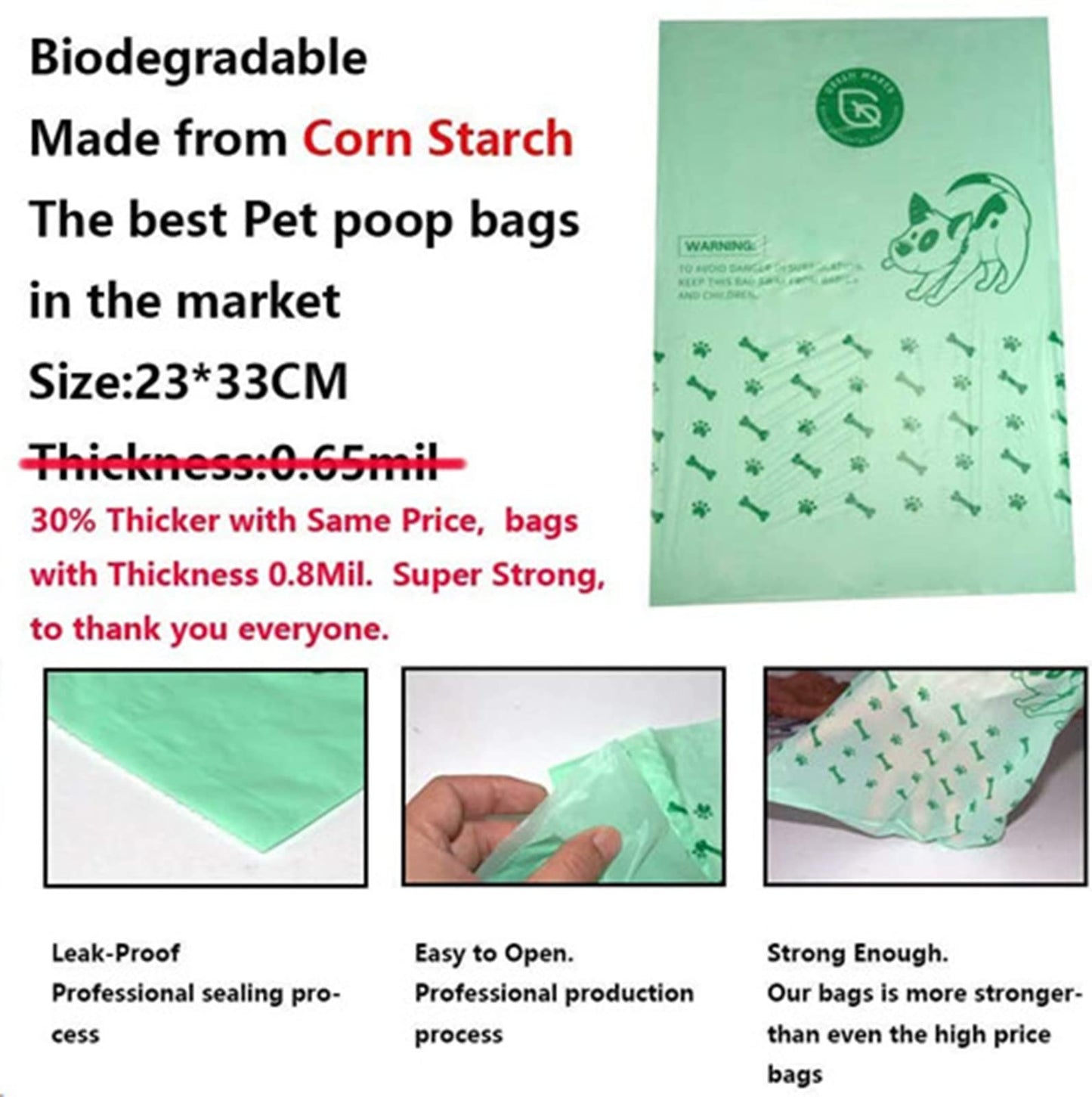 Green Maker Biodegradable 30% Thicker Dog Poop Bags 360 Dog Waste Bags Extra Thick Strong Made from Corn Starch Plants Based (Green)