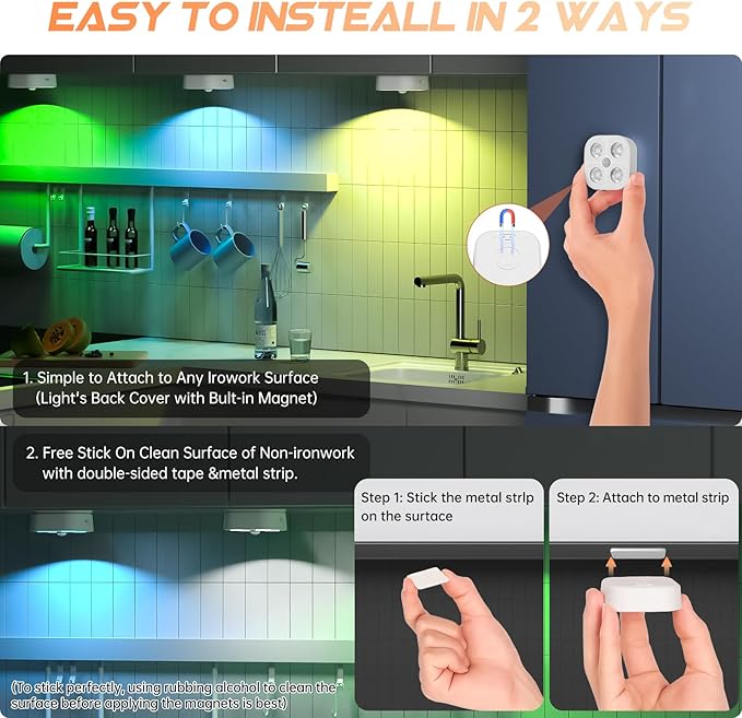 Wireless Step Light Rechargeable Puck Lights with Charging Station, RGB Motion Sensor Puck Light Under Cabinet Lighting with Remote Control, LED Closet Lights for Stair, Kitchen (6 Pcs)