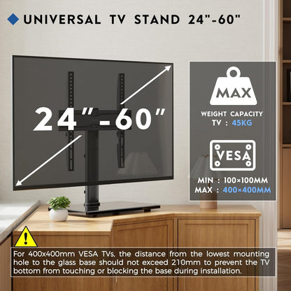 BONTEC Universal TV Stand for 24–60 Inch LCD LED OLED Plasma TVs, Height Adjustable Table Top Pedestal with Bracket, 8mm Tempered Glass Base, 45kg Load, Max VESA 400x400mm, Cable Management