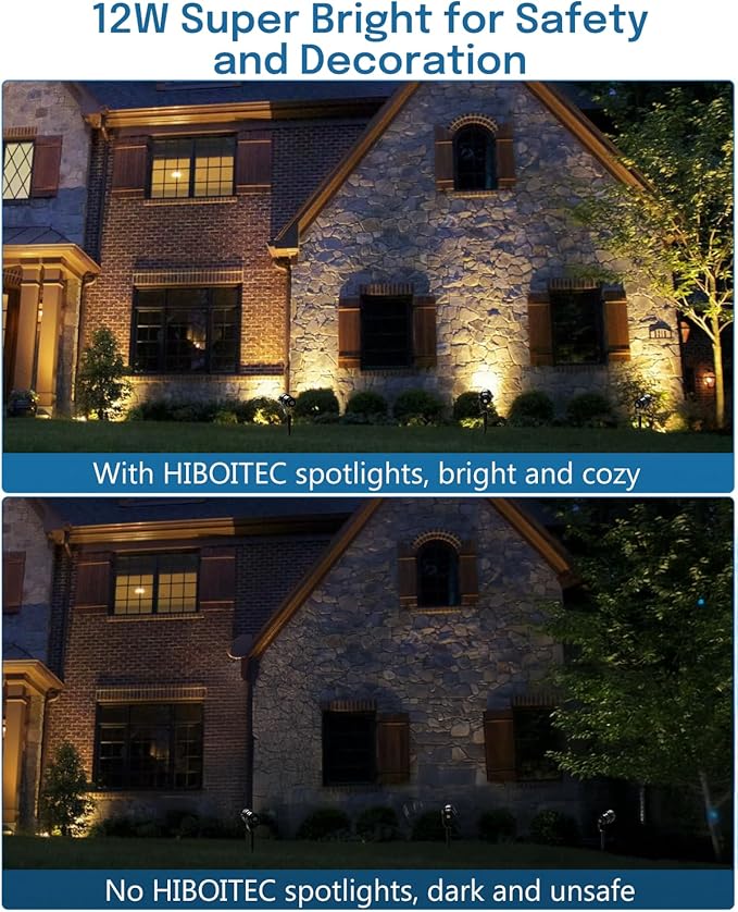 HIBOITEC Low Voltage Landscape Lighting 1200LM 12W with Connectors 200W Transformer Photocell Sensor and Timer Spotlights Landscape Lights Kit IP65 Waterproof 2700K for House Yard Trees 12 Packs