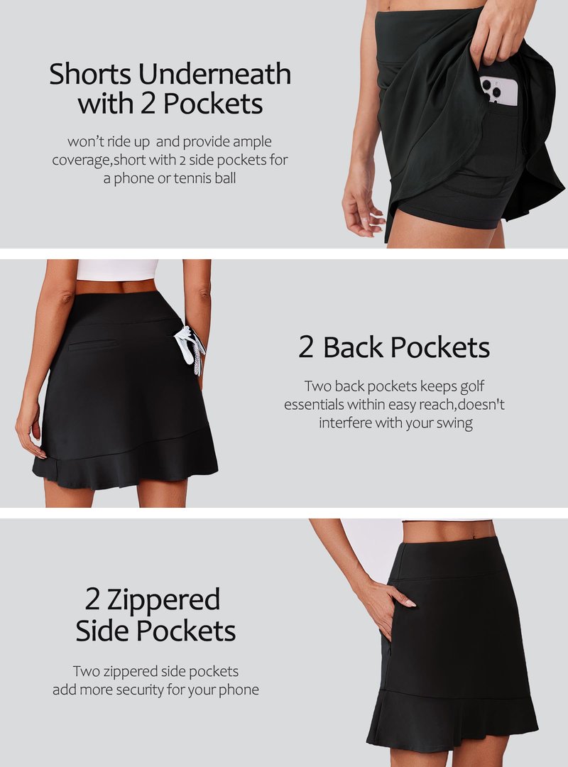 PINSPARK 18" Skorts for Women High Waisted Golf Tennis Skirt UPF50+ Athletic Pickleball Skort with 6 Pockets Workout Casual Summer Skirts,Black XL