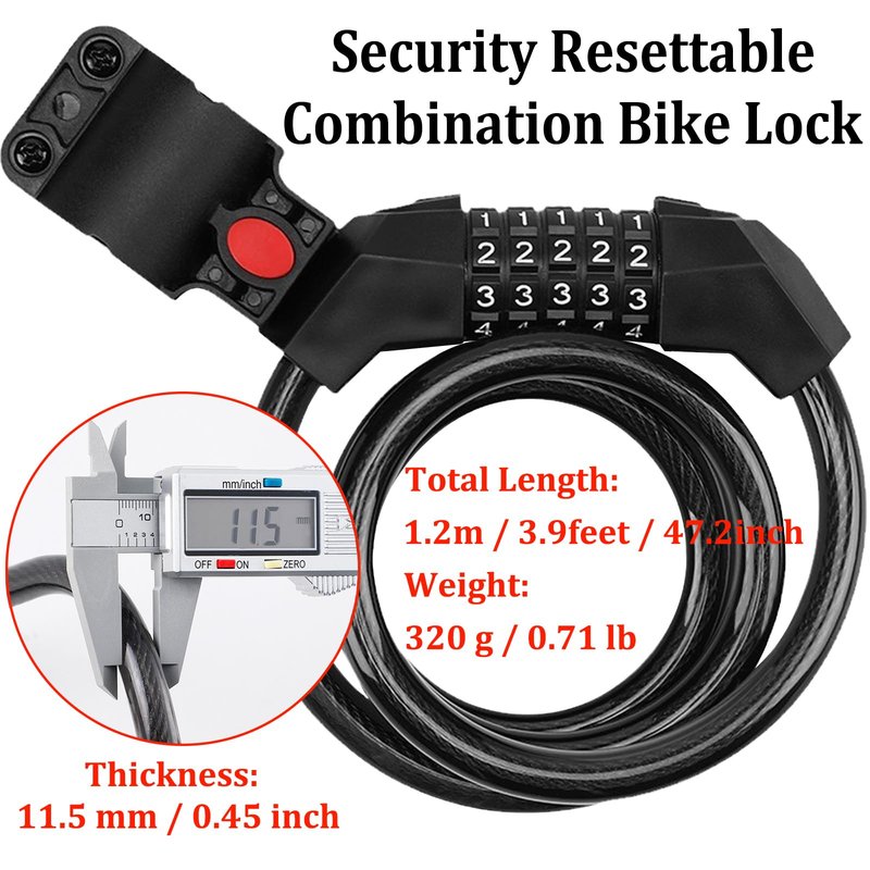 Bike Lock Combination Bike Cable Lock - 5 Digit, Bike Locks Heavy Duty Anti Theft, 3.9ft Coiled Security Resettable Bicycle Lock, Bike Accessories for Electric Bike, Motorcycle, Electric Scooter Lock