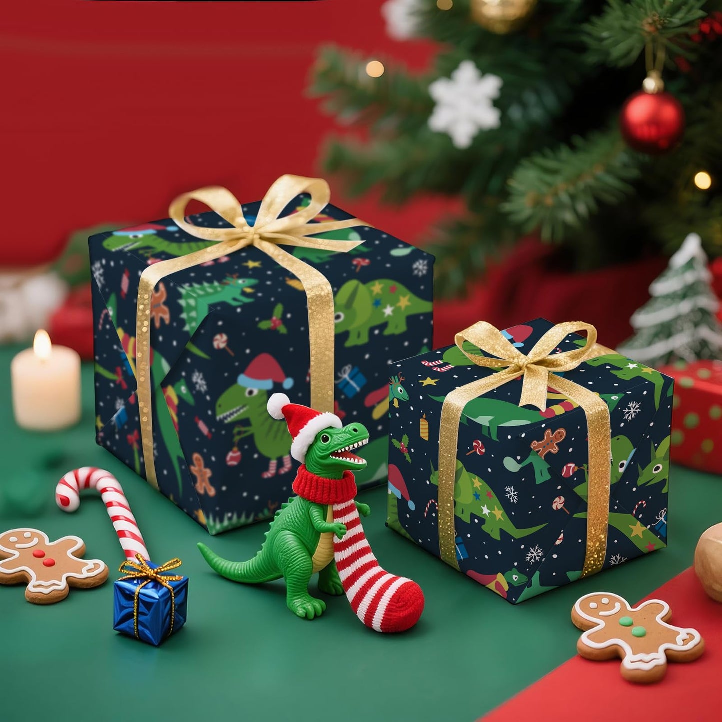 WRAPAHOLIC Dinosaur Christmas Wrapping Paper - Mini Roll - 17 Inch x 16.5 Feet - Green Christmas Dinosaur Wrapping Paper for Boys Girls Kids, Xmas Holiday, Party Celebration