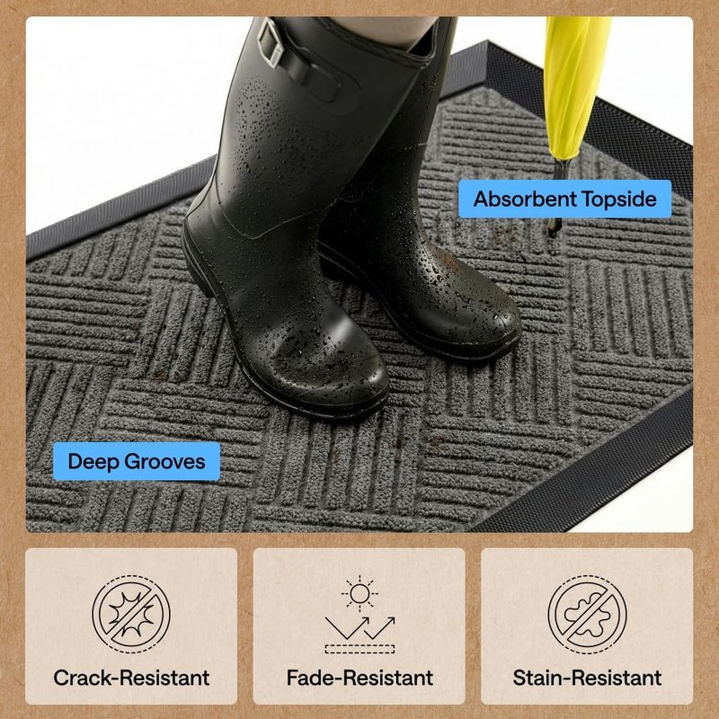 Gorilla Grip Waterproof All-Season Doormat - Natural Rubber, Stain & Fade Resistant | 29x17 Gray Diamond