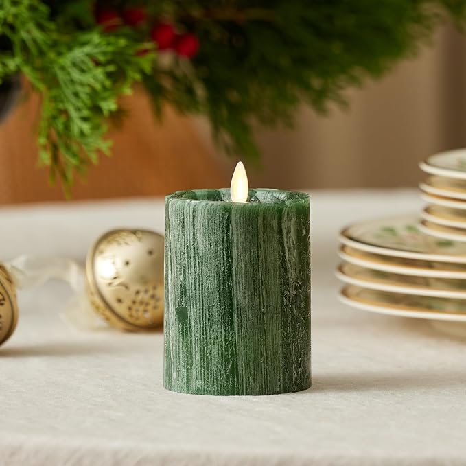 Luminara Selenite Looking Flameless Candle, Holiday Green 3" x 4.5", Battery Operated Real Wax Moving Flame LED Pillar w/Timer, Home Decor Unscented
