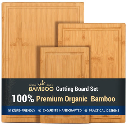 Hiware 3-piece Bamboo Cutting Boards for Kitchen, Heavy Duty Bamboo Cutting Board with Juice Groove, Wood Cutting Board Set for Meat, Vegetables