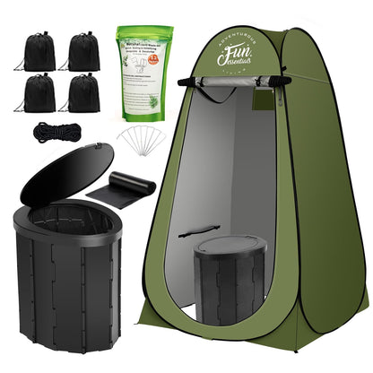 FUN ESSENTIALS Portable Toilet Kit Adults, Pop Up Privacy Tent, X Large Camping Folding Toilet, 12 bags, 12 pack Liquid Waste Gel, Washable Foldable For Travel,RV, Outdoor