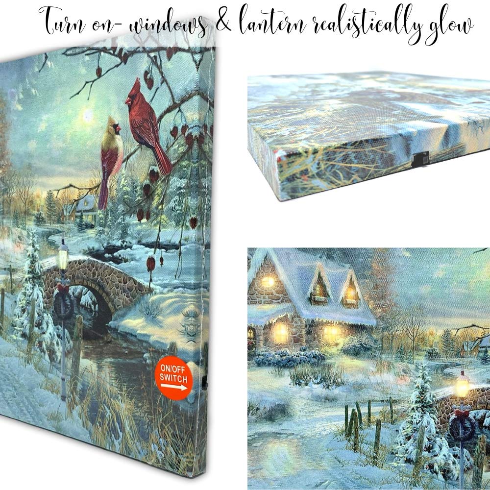 BANBERRY DESIGNS Lighted Holiday LED Wall Art - LED Cottage Along a Stream Christmas Scene with Cardinals and Snowman - Set of 2 - Old Fashioned Cobblestone Bridge - Measures 11.75" x15.75"