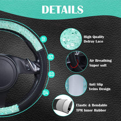 CAR PASS Lace and Spacer Mesh Steering Wheel Covers,14.5-15 Inch Car Steering Wheel Cover Fit for 95% Sedan,Vans,SUV,Coupe,Cars. Pretty Sequins Cute Women Girls(Mint Lace)