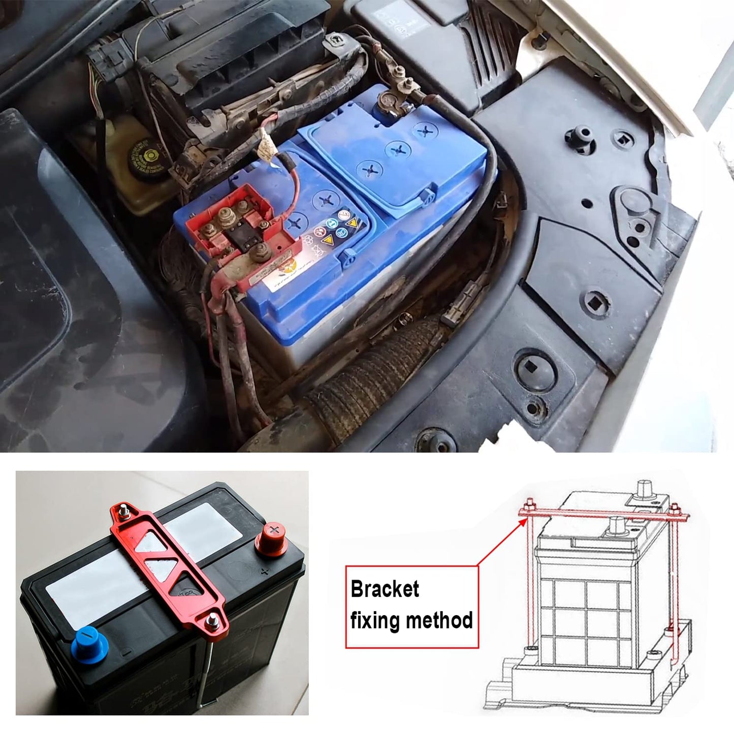 Battery Hold Down Bracket, Aluminum Alloy Battery Tie Down Bracket, Battery Tray for Car Battery Mount Bracket Hold Lock Accessories, Car Battery Lock Down- with 10inches J Bolts (Black)