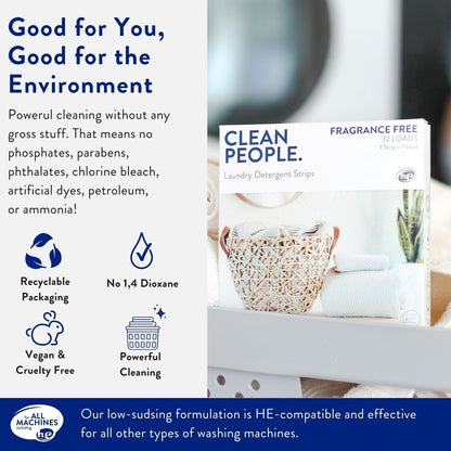 Clean People Laundry Detergent Sheets - Recyclable Packaging, Hypoallergenic, Stain Fighting - Ultra Concentrated, Laundry Soap - Fresh Scent, 32 Pack