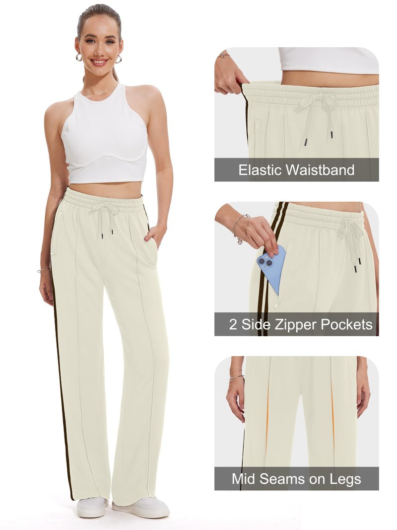 Tapata Regular Women's 30" Inseam Casual Pants Track Athletic Sweatpants Warm Up Loose Side Stripe Street Slacks, Beige, S