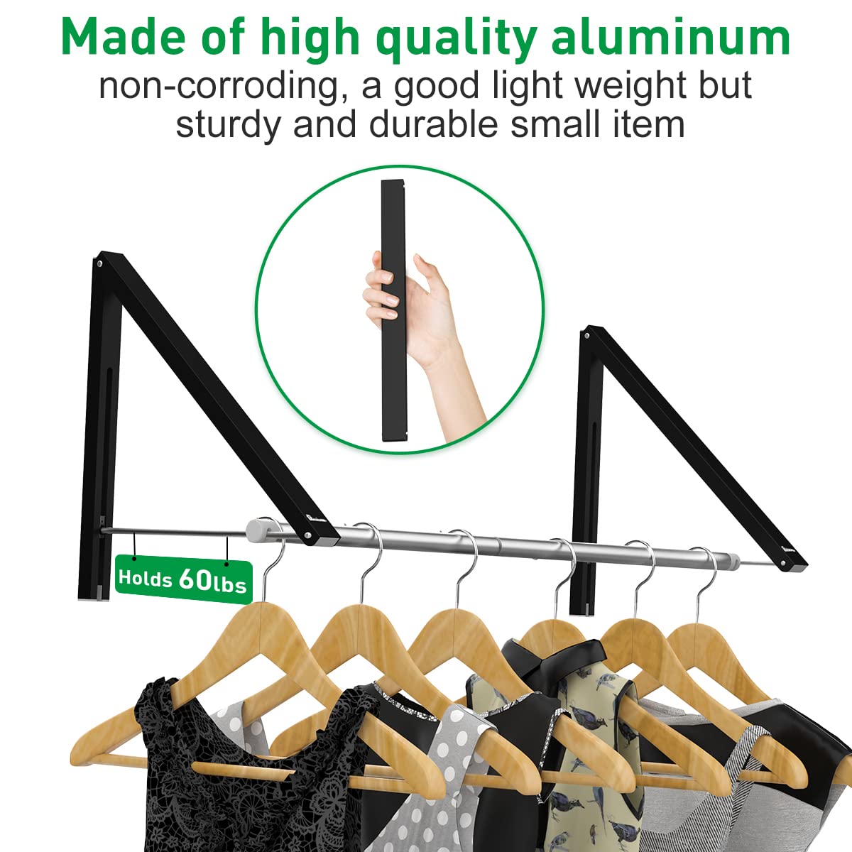 Anjuer Retractable Clothes Rack - Wall Mounted Folding Clothes Hanger Drying Rack for Laundry Room Closet Storage Organization, Aluminum, 2 Racks with Rod (Black)