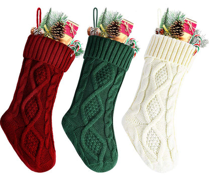 Kunyida 3PCS 14" Unique Burgundy and Ivory White and Green Knitted Christmas Stockings