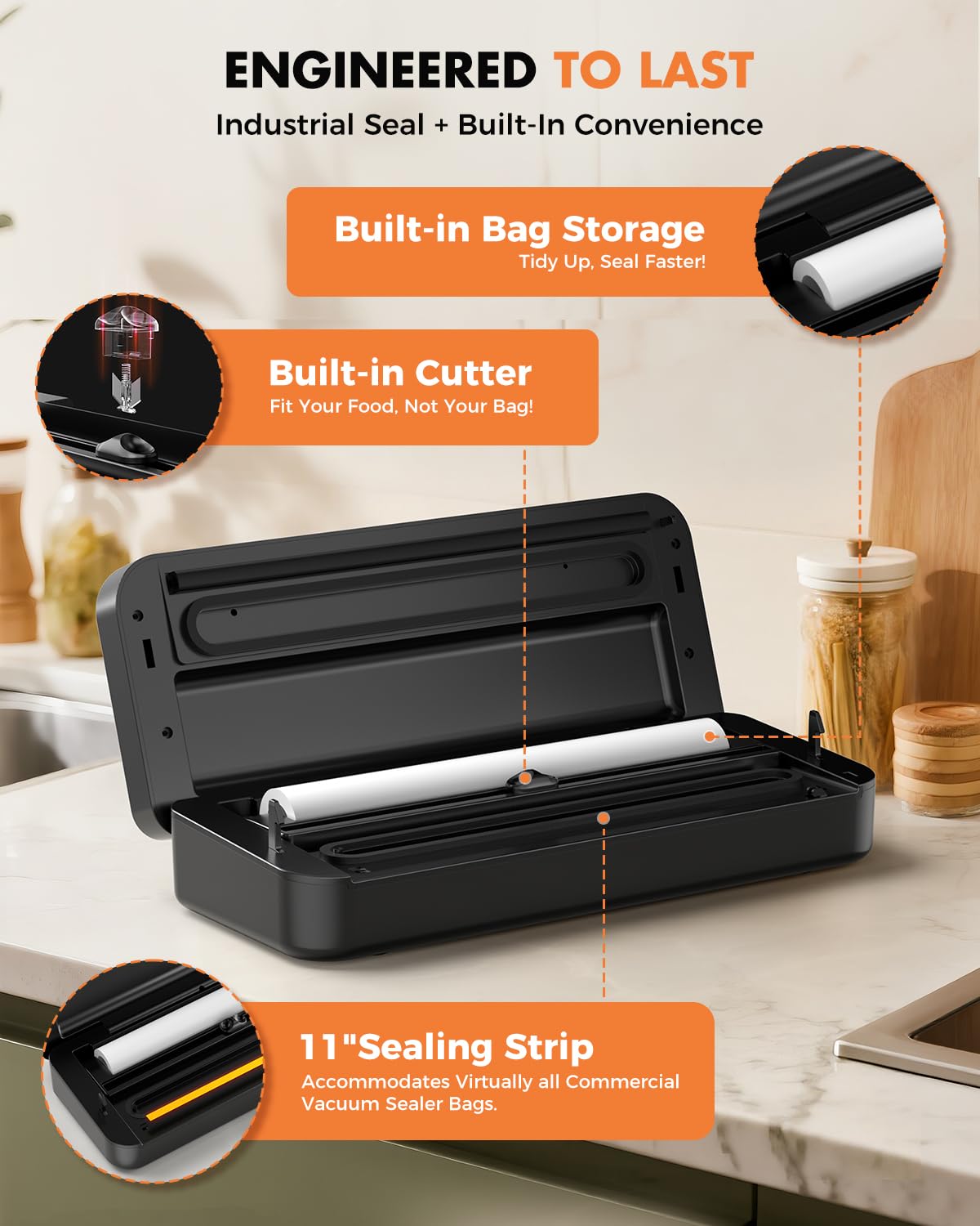 UPRUBE Vacuum Sealer for Food, 95kPa Food Saver Vacuum Sealer Machine, 135W Fast-Sealing by Built-in Bag Storage, Easy Tear Cutter, 9-in-1 Compact Food Vacuum Sealer Machine with 10 ft Bag Roll
